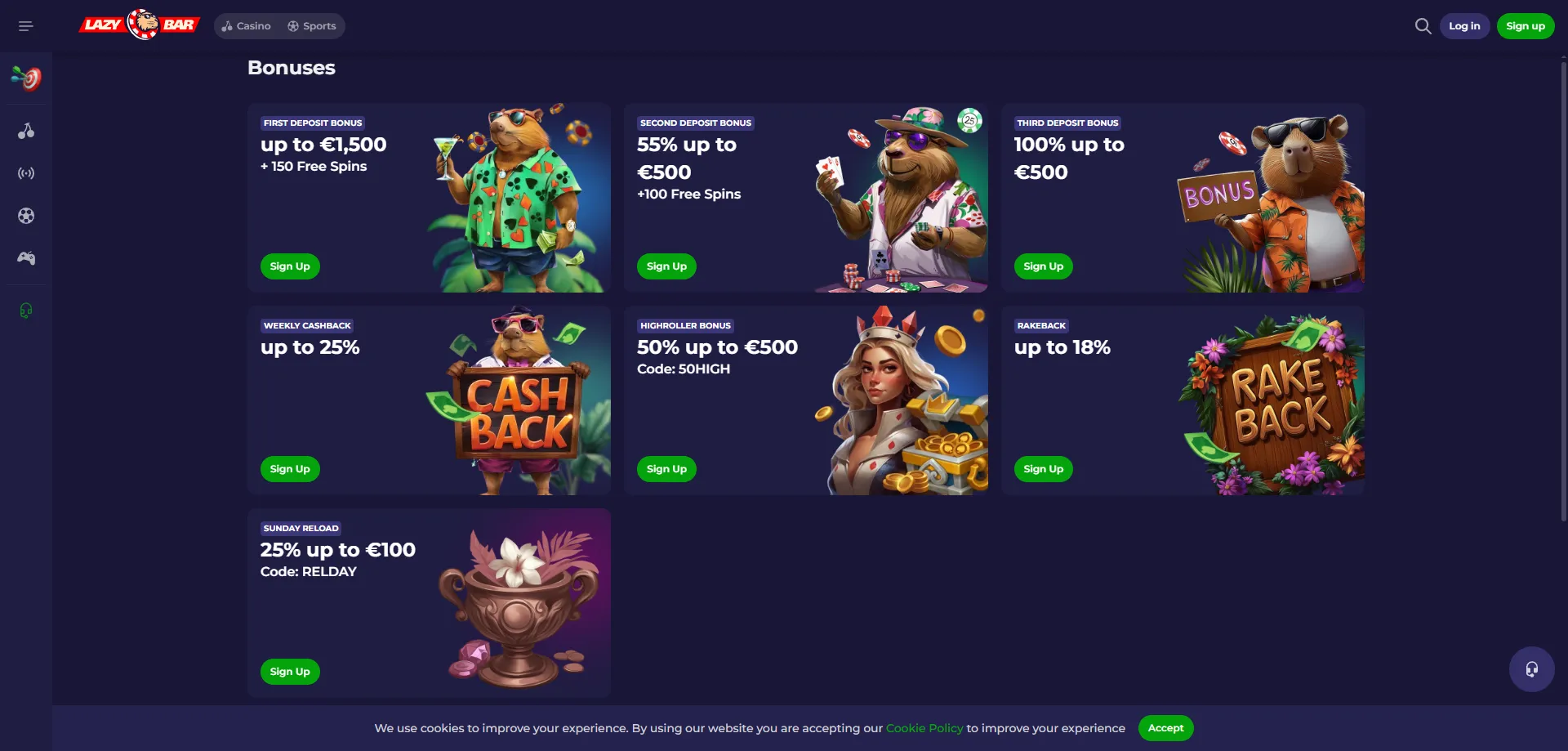 Lazybar Casino bonus di benvenuto fino a €450 e 250 giri gratuiti